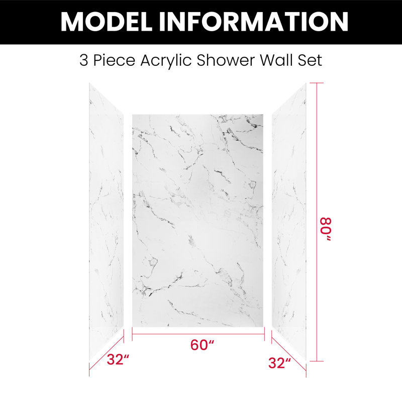 Seamless Glue-Up Acrylic 3-Piece Shower Wall Surround, Watertight Drill-Free Wall Panels That Adhere Directly to Drywall & Tile, Dual Sizes 32" D x 60" W x 80" H, Marble White