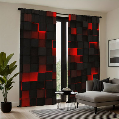 2 pièces de rideaux rouges noirs à motif de cubes abstraits, passe-tringle filtrant la lumière, style moderne, toutes saisons pour le salon, la chambre et la décoration intérieure