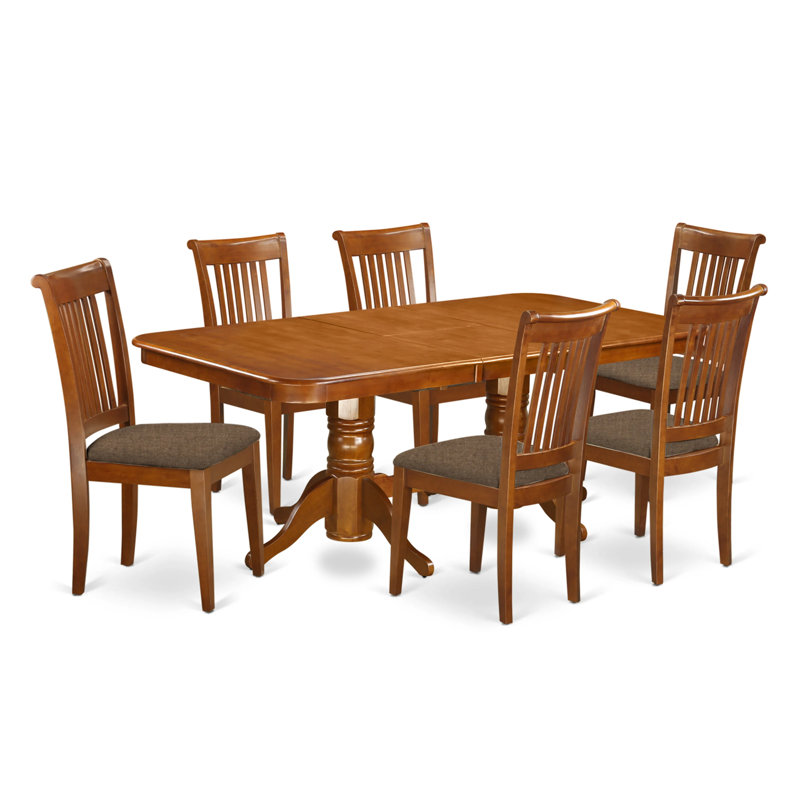 7 Piece Set Consist of a Rectangle Wooden Table with Butterfly Leaf and 6 Linen Fabric Dining Chairs, Saddle Brown