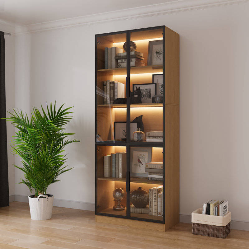 L 31,5 po - Bibliothèque avec portes vitrées et lumières DEL, H 78,7 po x l 31,5 po x P 16 po, Chêne