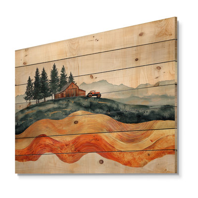 Autumn Barn With Tractor Landscape II - Farm Wood Wall Art - On Natural Pine Wood