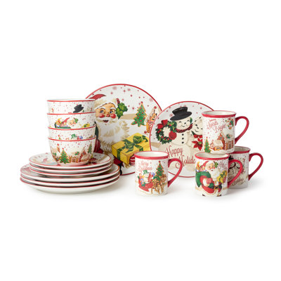 Certified International Santa's Retro Christmas Dinnerware Set – Holiday Plates, Bowls & Mugs With Vintage Santa, Reindeer & In White;green;red;beige;yellow
