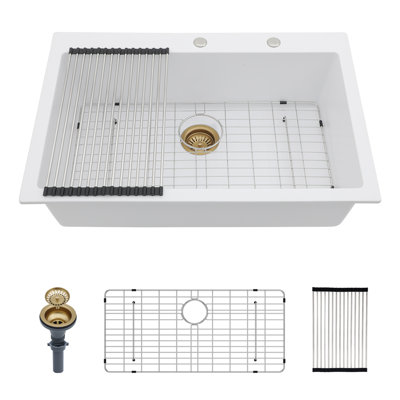 Évier de cuisine en granite 33 po x l 22 po à cuve simple en quartz composite avec grille d'évier