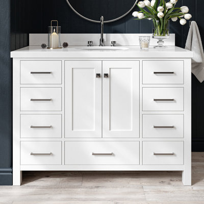 Meuble-lavabo simple en bois massif 49 po Cambridge avec plateau en quartz blanc pur 1,5 po Cambridge