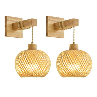Bamboo Battery Operated Wall Sconces Set Of 2, Rechargeable Rattan Cordless Battery Powered Wall Lights/Lamps With Remote, Woven Boho Wireless Decor Lighting Fixture For Living Room Bedroom