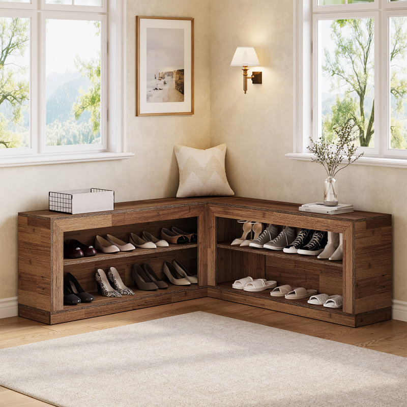 24 Pair Corner Shoe Storage Benches, L-Shaped Open Shelf Wood Shoe Rack, 2-Piece Modular Modern Entryway Shoe Organizer