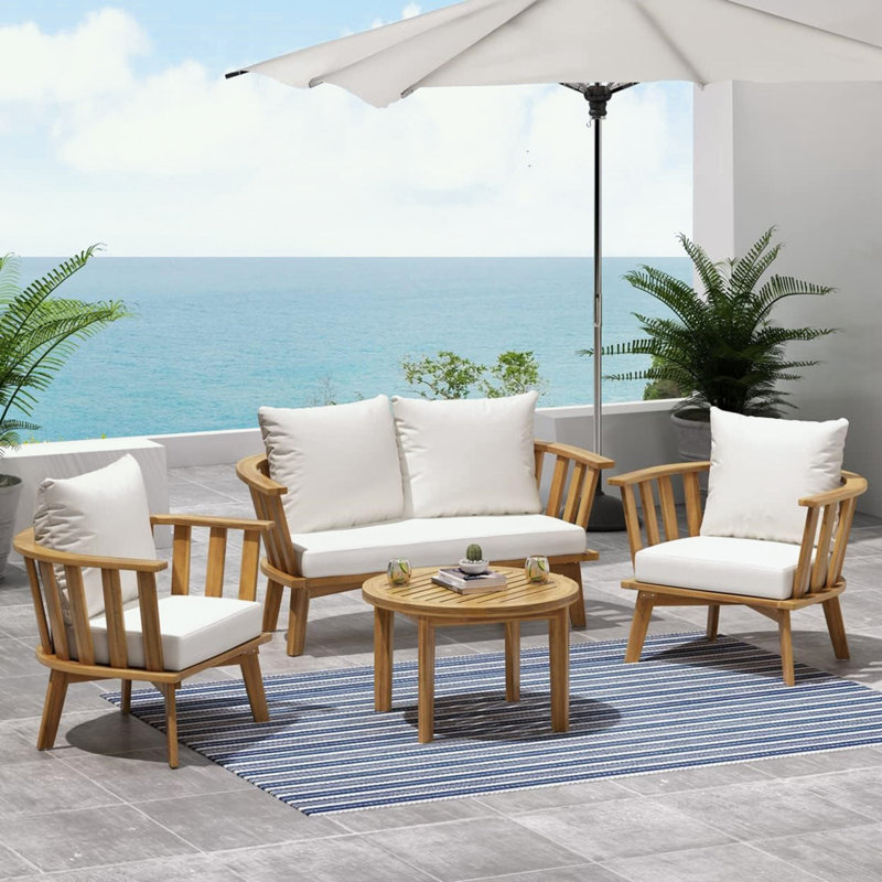 Ensemble de meubles de patio en bois 4 pièces avec assise profonde et coussin moelleux