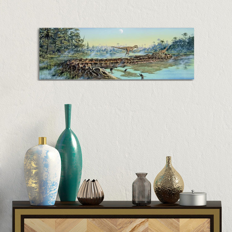 A Pair Of Allosaurus Dinosaurs Explore The Remains Of A Diplodocus Carcass by Mark Hallett - Wrapped Canvas Panoramic Gallery-Wrapped Canvas Giclée