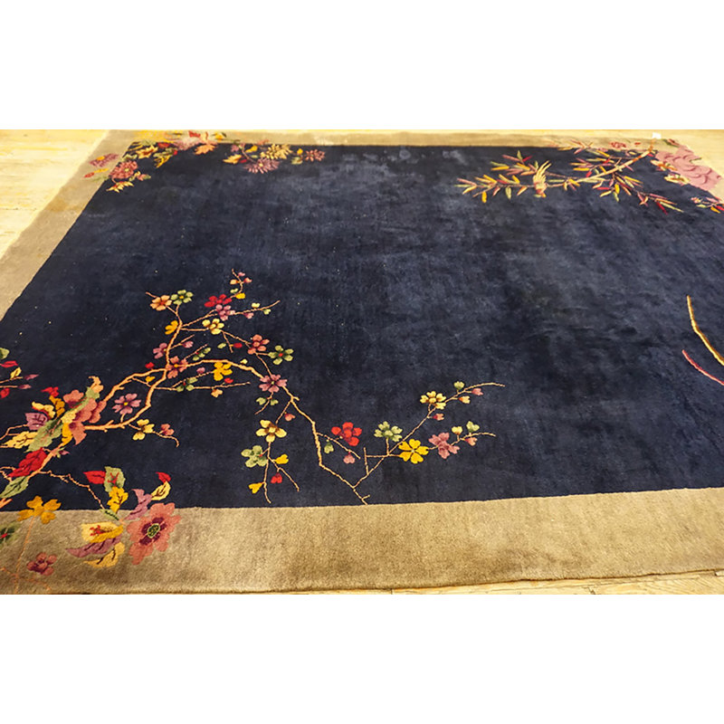 Room Size Chinese - Art Deco Antique 1920s Rectangle Knotted Wool Blue Rug