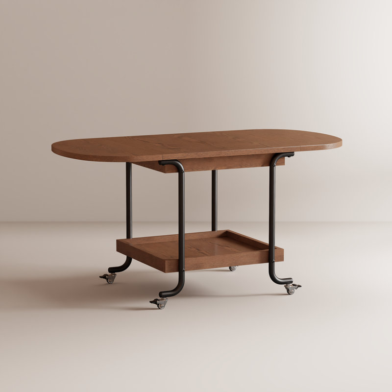 Convertible Drop-Leaf Expandable Coffee Table with Curved Metal Locking Caster Base in  Fir Core Wood |  Double-Tier Storage Rolling Center Table for Small Apartment & Living Room