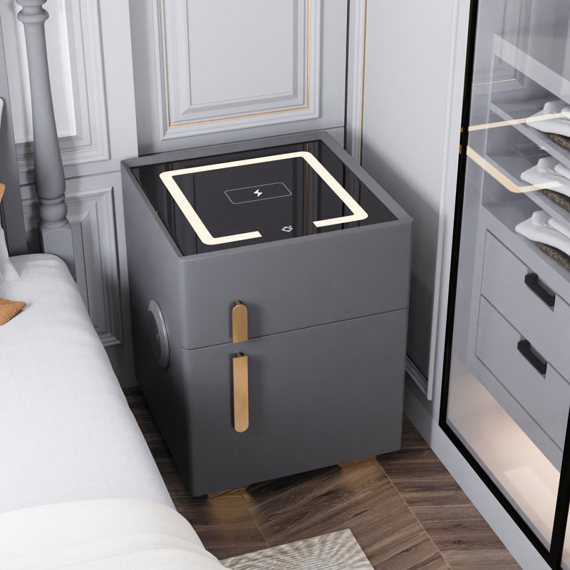 Digiorgio Nightstand With Safe Box And Led Lights And Wireless Charge And Bluetooth Speaker, Grey