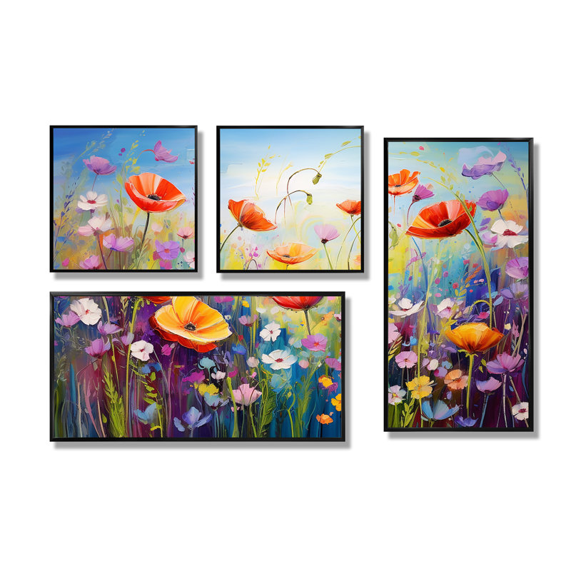 Fleurs sauvages Wild Rowers - 4 pièces de décoration murale fleurs sauvages, Noir, Impression encadrée sans passe-partout