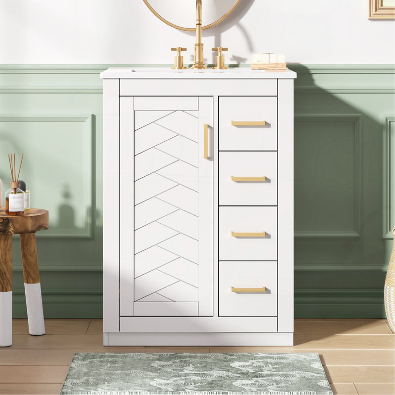 Meuble-lavabo 24 po avec lavabo intégré en céramique, meuble-lavabo simple avec 1 porte et 3 tiroirs pour salle de bain petite et moyenne, blanc