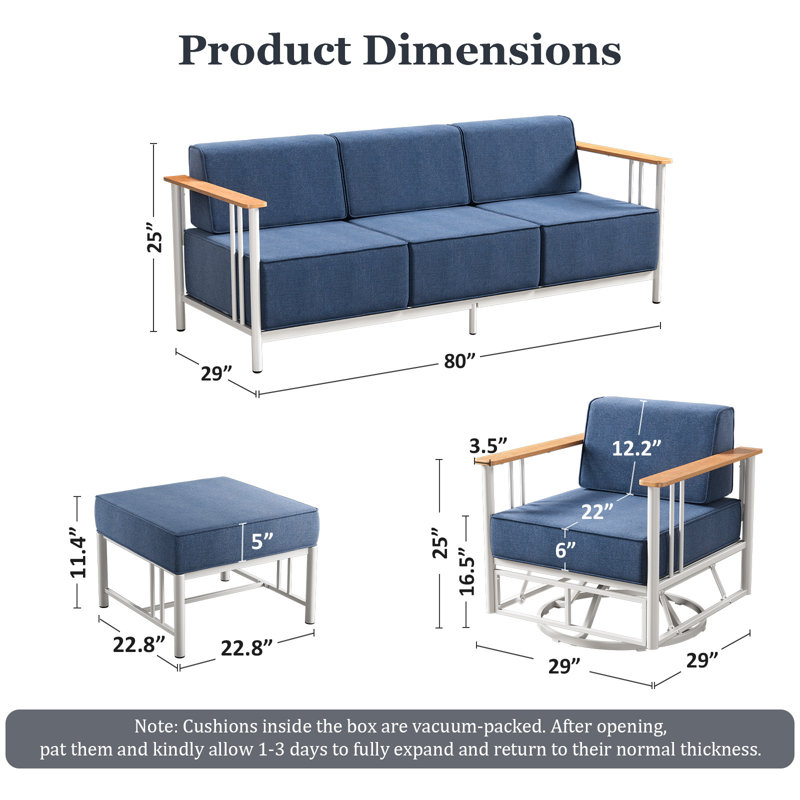 Timberloft 5-Person Outdoor Patio Conversation Set With Sofa Ottoman Swivel Glider Chairs And 10" Thick Cushions, White, Blue