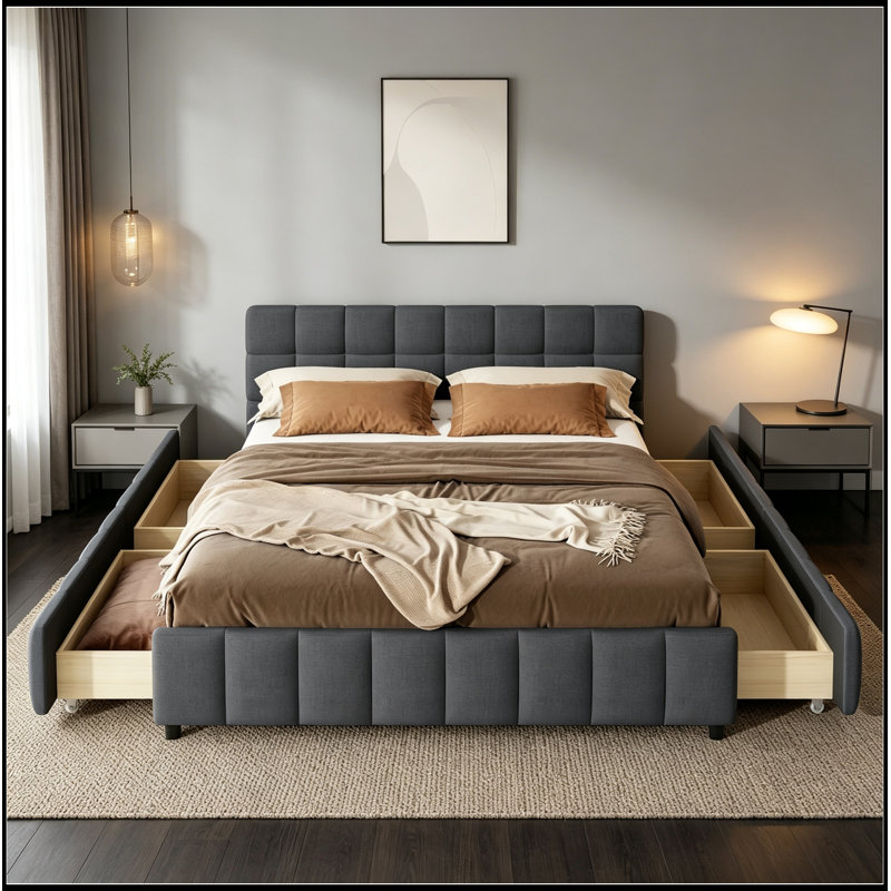 Cadre plateforme grand format avec 4 tiroirs de rangement Digrazia, Grey