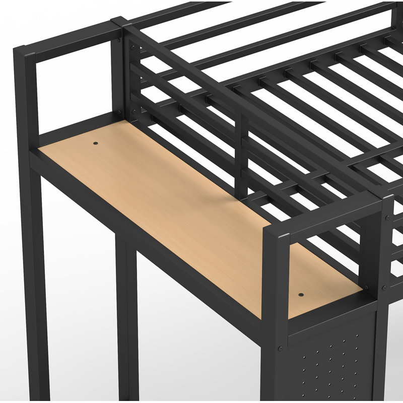 Structure de lit simple simple avec garde-robe, lit mezzanine en métal avec tablettes de rangement et panneau perforé, noir