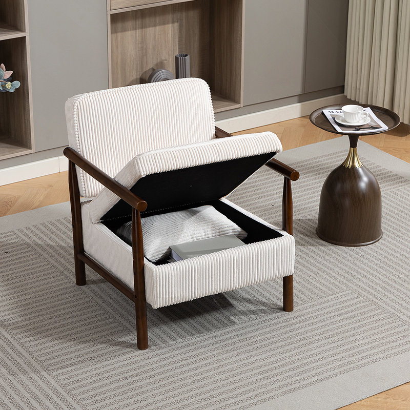 Chaise de rangement, fauteuil d'appoint moderne Mid-Century avec structure en bois, chaises de salon rembourrées avec coussin de taille, fauteuil de lecture pour véranda de chambre à coucher