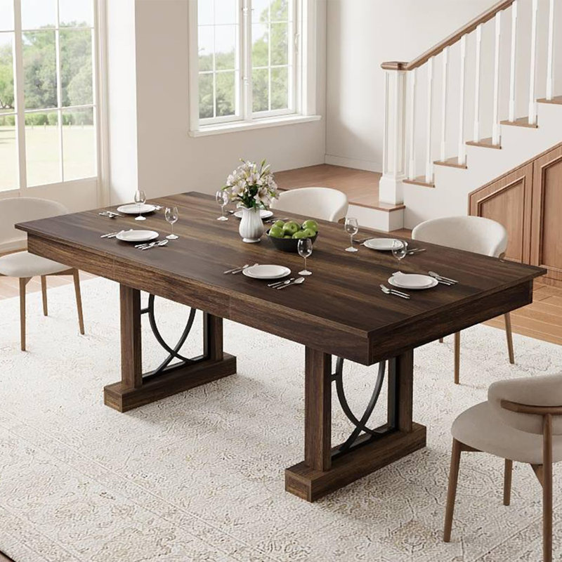 71-Inch Rectangular Dining Table with Two Drawers, Wooden Kitchen Table w/Large Tabletop & Sturdy Frame, Large Dining Table for 6-8 with Double Pedestal, for Dining Room, Office
