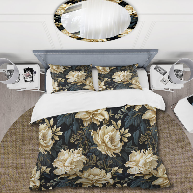 Ensemble de housse de couette luxueux noir et beige à motif de damas IV, Housse de couette pour très grand lit et 2 très