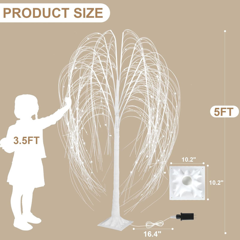 Saule illuminé, 5 pi, 216 pi, saule blanc avec lumières de fée blanc chaud pour la décoration intérieure et extérieure