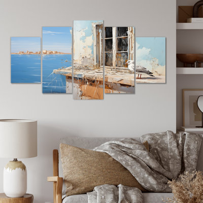  «Seagulls Perch Horizon II - Coastal Windows Multipanel Wall Art Decor Set