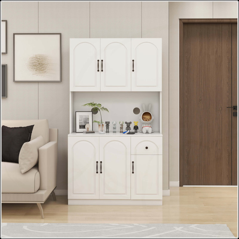 Armoire de rangement pour garde-manger de 71 pouces avec comptoir de four à micro-ondes, huche autoportante avec tablettes réglables, 6 portes et 1 tiroir - blanc