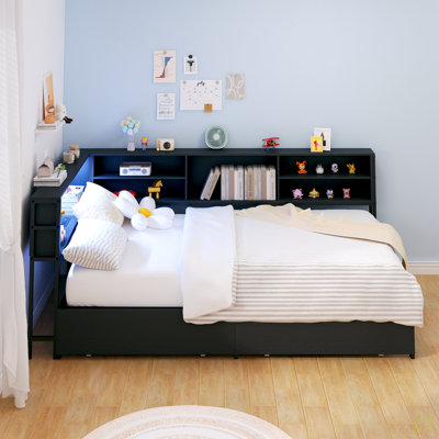 Structure de lit d'angle avec bibliothèque de rangement, lit de jour simple avec tiroirs de rangement en dessous, unité de lit pour enfants avec station de charge et éclairage à DEL