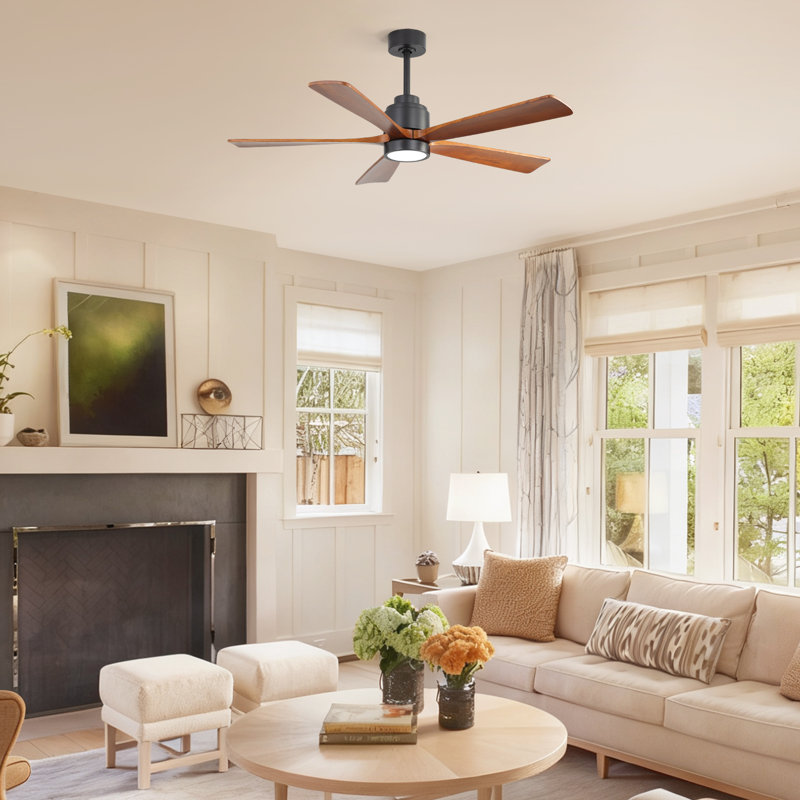Ventilateur de plafond 52 pales 52 po avec télécommande et moteur à courant continu silencieux, Noir avec pales brunes