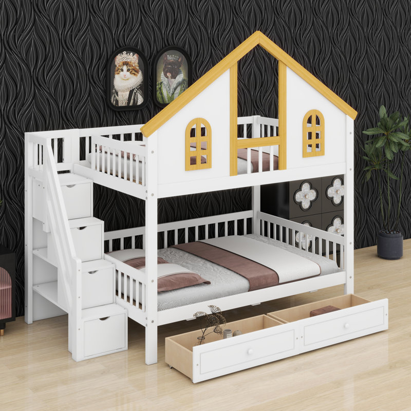 Themed Bunk Bed with Staircase, Roof Overhang, and Hidden Storage
