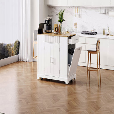 Kitchen Island Table, Fluted  With Trash Can Storage Cabinet, Power Outlet, Internal Storage Rack, Rolling S On 5 Wheels With 3 Drawer, 3 Open Side Racks