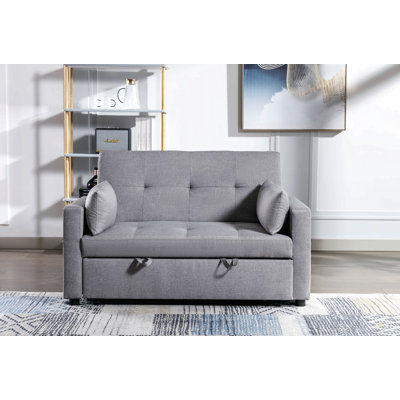 Light Grey Linen Fabric 3-In-1 Convertible Sleeper Loveseat With Side Pocket.
