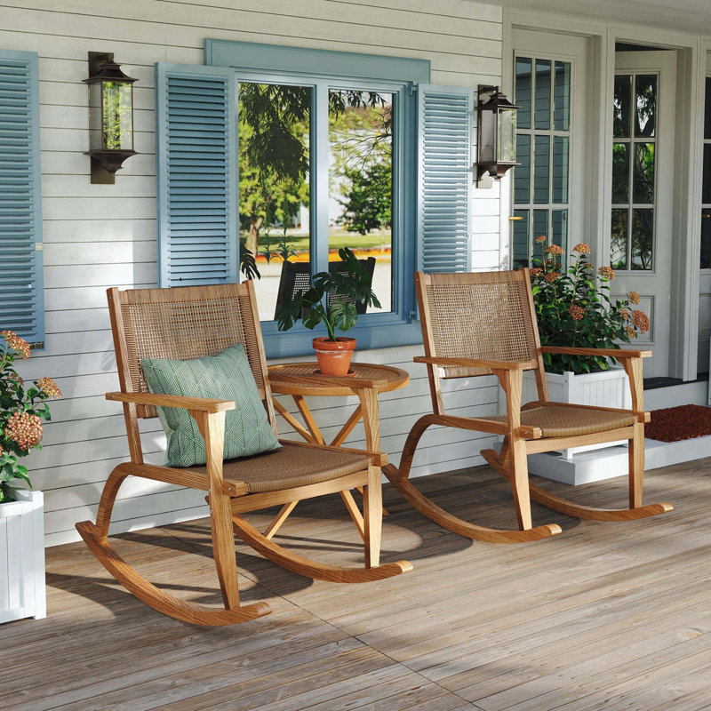 Ensemble de 2 chaises berçantes en bois d'acacia et en osier, Naturel