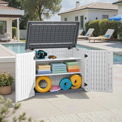 Horizontal Resin Tool Shed, Waterproof Outdoor Storage Cabinet with Metal Shelf and Floor