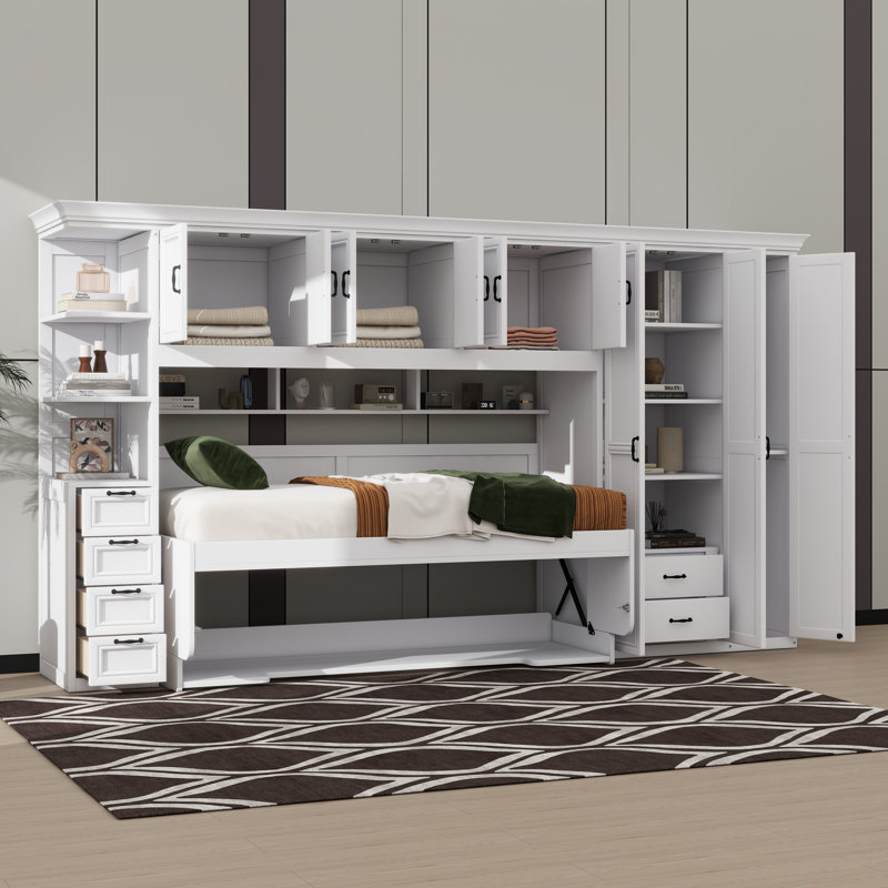Lit escamotable simple avec bureau, lit mural pliable en bois multifonctionnel avec garde-robe, tiroirs et espaces de rangement
