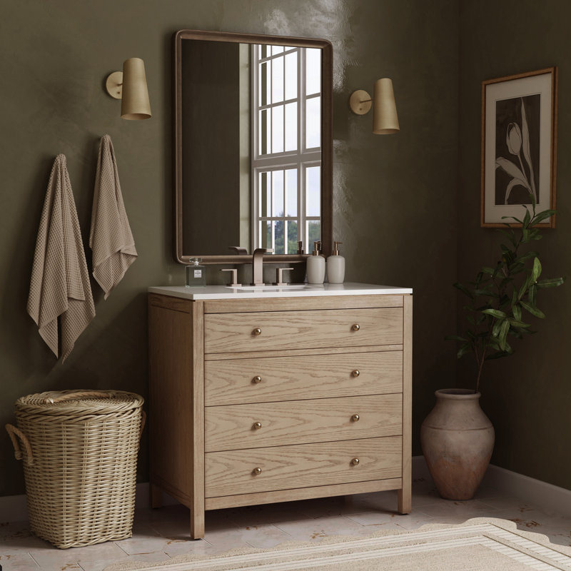 Nora 36 in W Quartz Top Single Sink Bathroom Vanity Set, Light Oak
