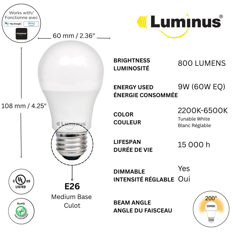  A19 LED Smart Bulb 60W Equivalent E26/Medium (Standard) Dimmable 