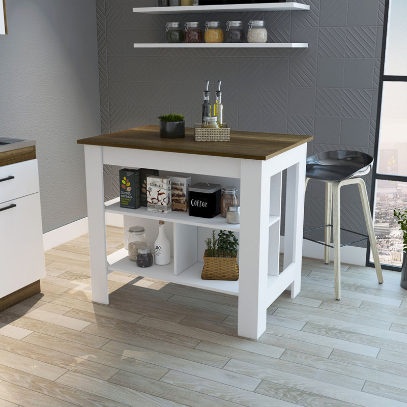 Brooklyn Antibacterial Surface Kitchen Island, Three Concealed Shelves, White/Brown