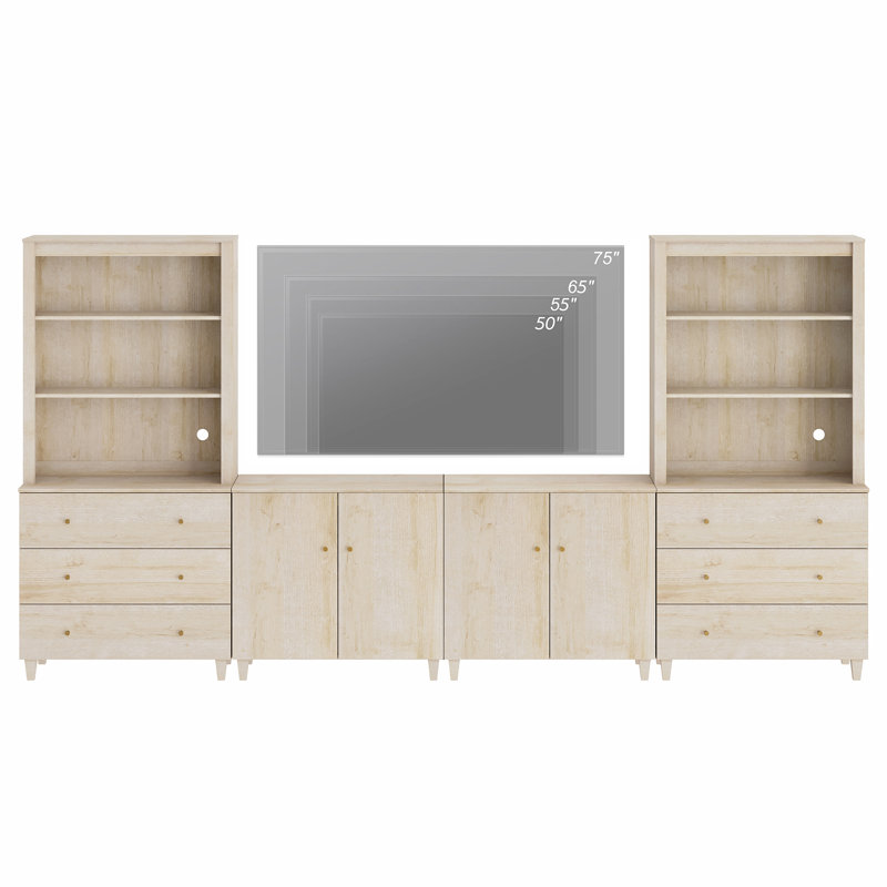 Entertainment Center And Bookshelves Set With Drawers And Cabinets For 75" Tvs, Light Oak