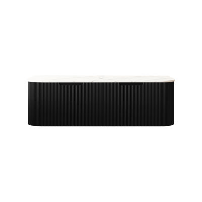 Wall - Fixed 48'' Contemporary Cabinet With White Sintered Stone Countertop, Two Black Toned Drawers 3d French Style Striped Drawer Surfaces And Grooved Handles, Plywood Material For Its Resistance