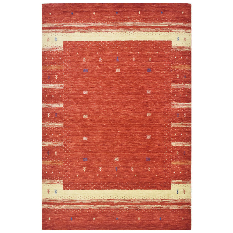 Hand Knotted Wool Striped Area Rug in Red/Beige, Rectangle 4' x 6'