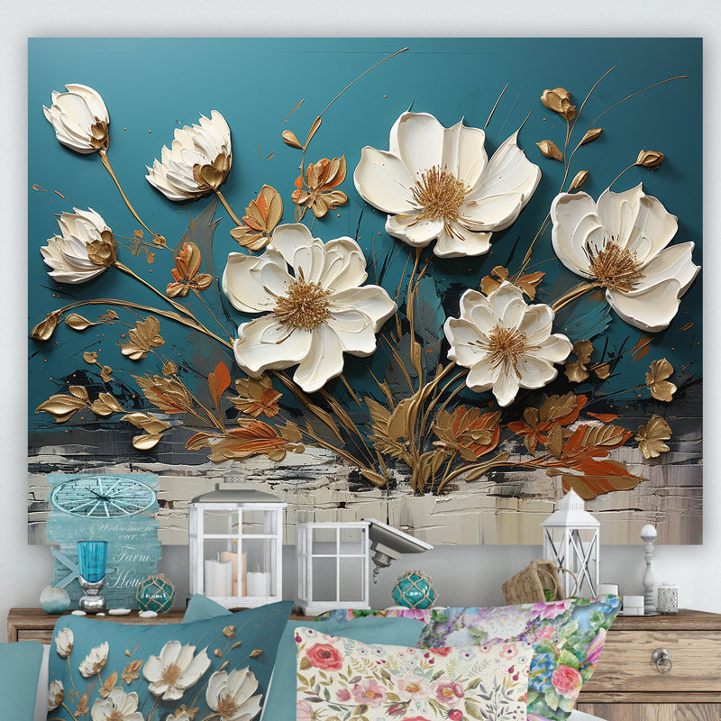 Bleu et or, charmante fleur printanière élégance II - Fleurs, art mural, Toile tendue, H 30 po x l 40 po x P 1,5 po