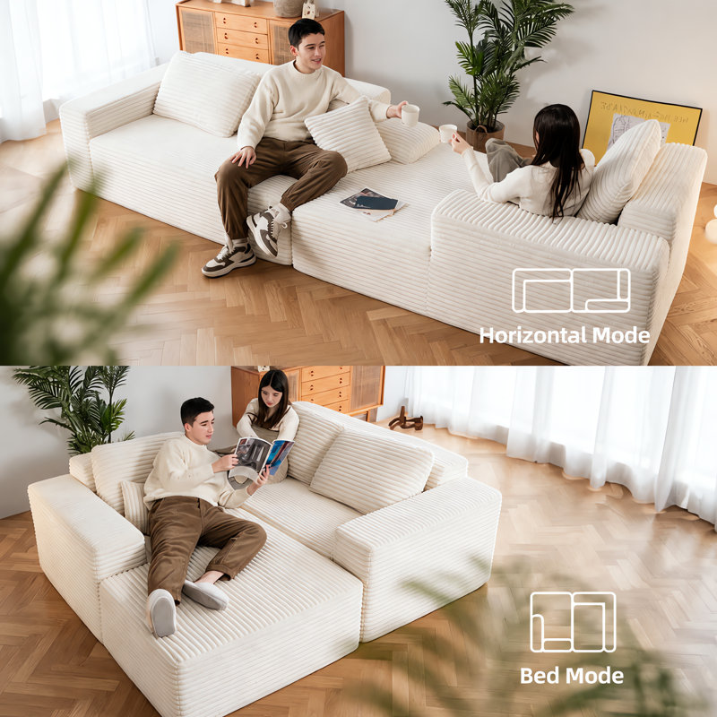 Boneless 110" W Beige Corduroy Upholstered Modular Sectional Sofa with 5 Pillows, 2-Piece Convertible Sleeper, No Assembly Required