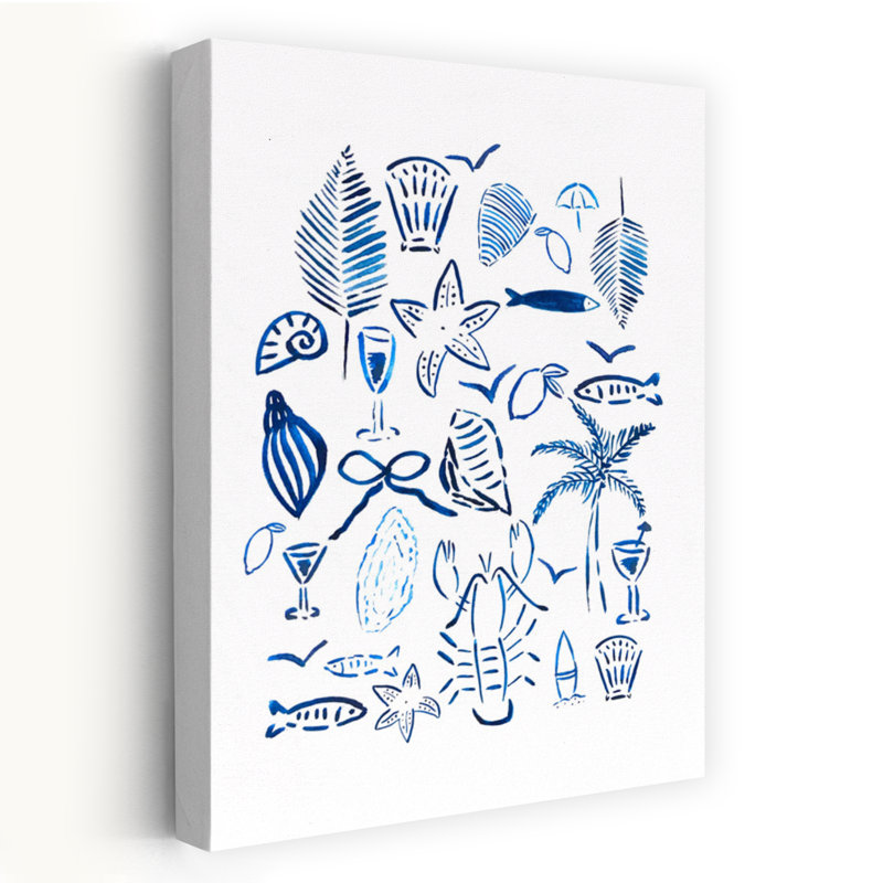 «Blue Coastal Elements» abstrait palmier étoile de mer, art mural côtier, H 18 po x l 12 po