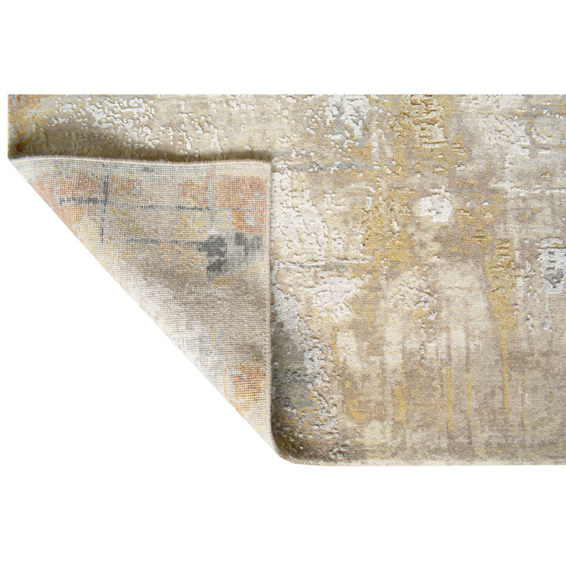 High-Quality Hand-Knotted Beige And Gold Area Rug, Rectangle 8' x 10', Beige And Gold