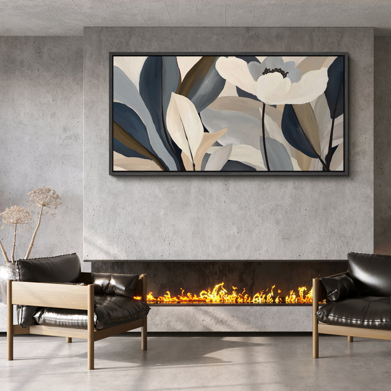 Abstract Blue Botanical Floral Leaf Art Prints Minimalist Modern Horizontal Boho Wall Art Decor, 30" H x 60" W, Black