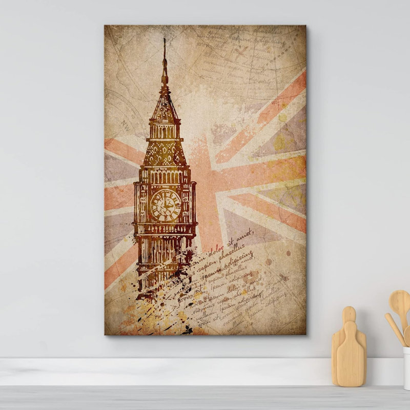 Drapeau rétro rétro Union Jack Big Ben, H 24 po x l 16 po x P 1,5 po