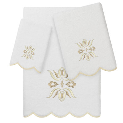  100% Turkish Cotton FLOWER CREST Scallop 3PC Embellished Towel Set