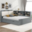 Lit plateforme en bois avec lit gigogne, tablettes et tête de lit avec rangement-495122263