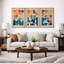 Abstrait, couleurs vives et abstraites «Œuvre abstraite et audacieuse bleu orange contemporain, images bohème de style Mid-Century moderne, impression numérique sur toile 3 pièces  -100707258-100707259