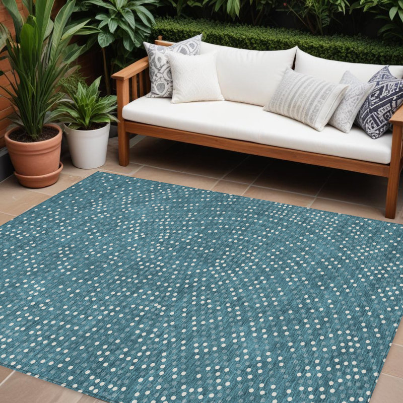 Tapis intérieur / extérieur lavable à pois bleu sarcelle et ivoire 9 'X 12'